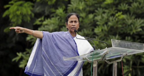 Chief Minister of West Bengal state Mamata Banerjee delivers a speech during a rally by student's wing of Trinamul Congress party in Kolkata, India, Friday, Aug. 28, 2015. (AP Photo/Bikas Das)