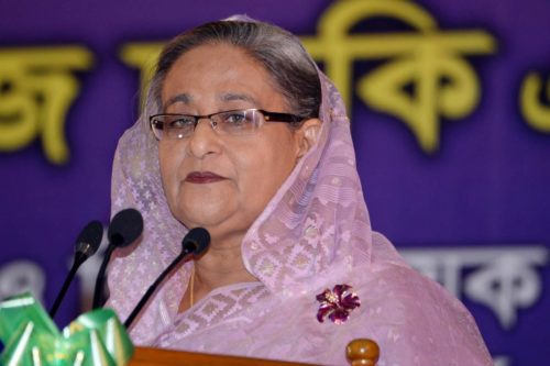 Dhaka: Bangladesh Prime Minister Sheikh Hasina addresses during a programme at Bangabandhu International Conference Centre in Dhaka, Bangladesh on March 8, 2015. (Photo: bdnews24/IANS)
